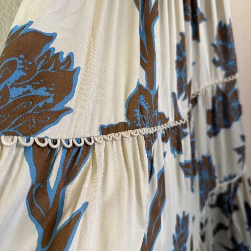 NEW Omika Lana Maxi Dress Women Large Ivory Brown Floral Print Smocked Crossback